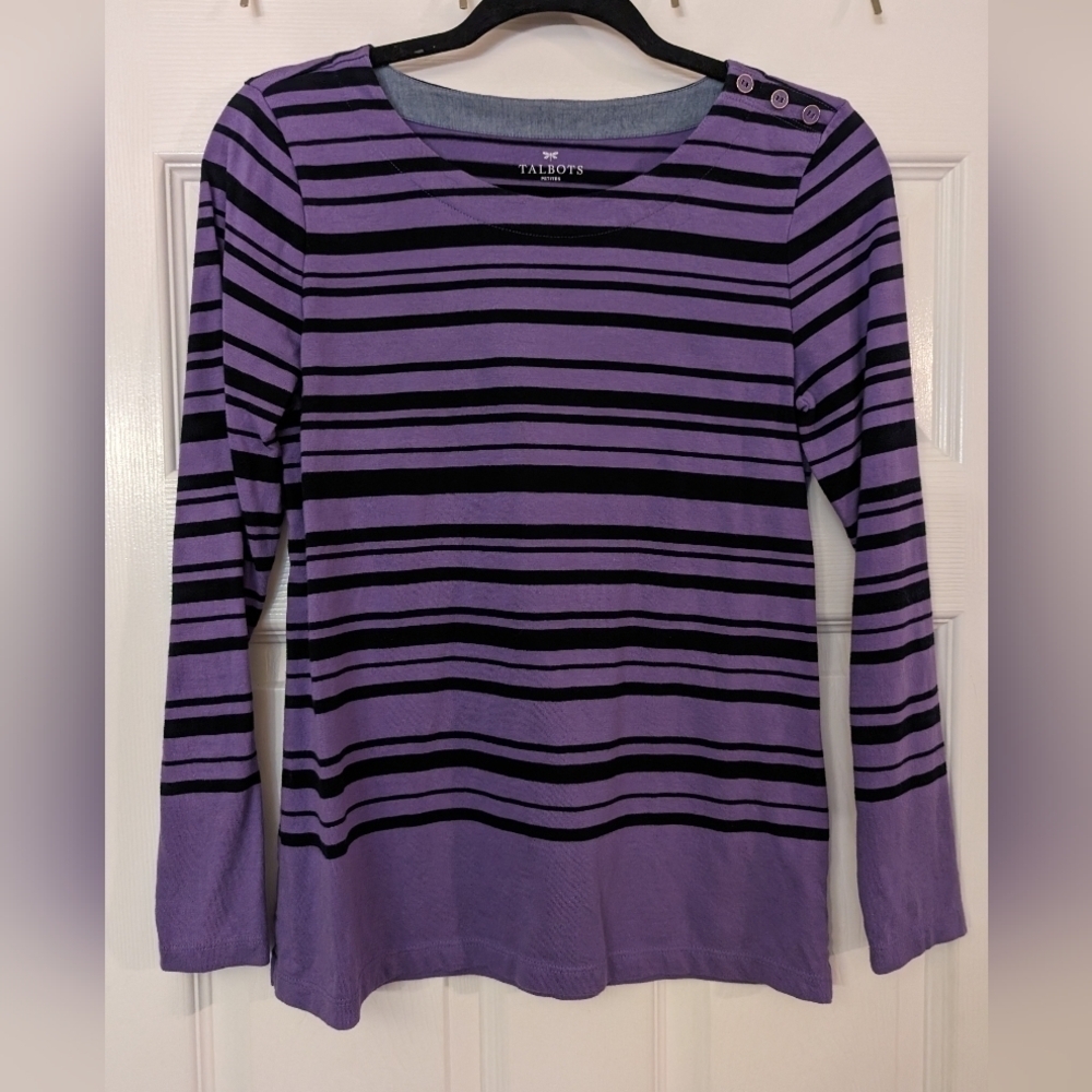 TALBOTS Striped Button Shoulder Long Sleeve Tee
